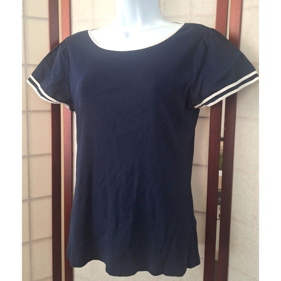 Lauren Ralph Lauren | Ribbed Flutter Sleeve Top - Navy Blue/White Trim - Picture 3 of 10